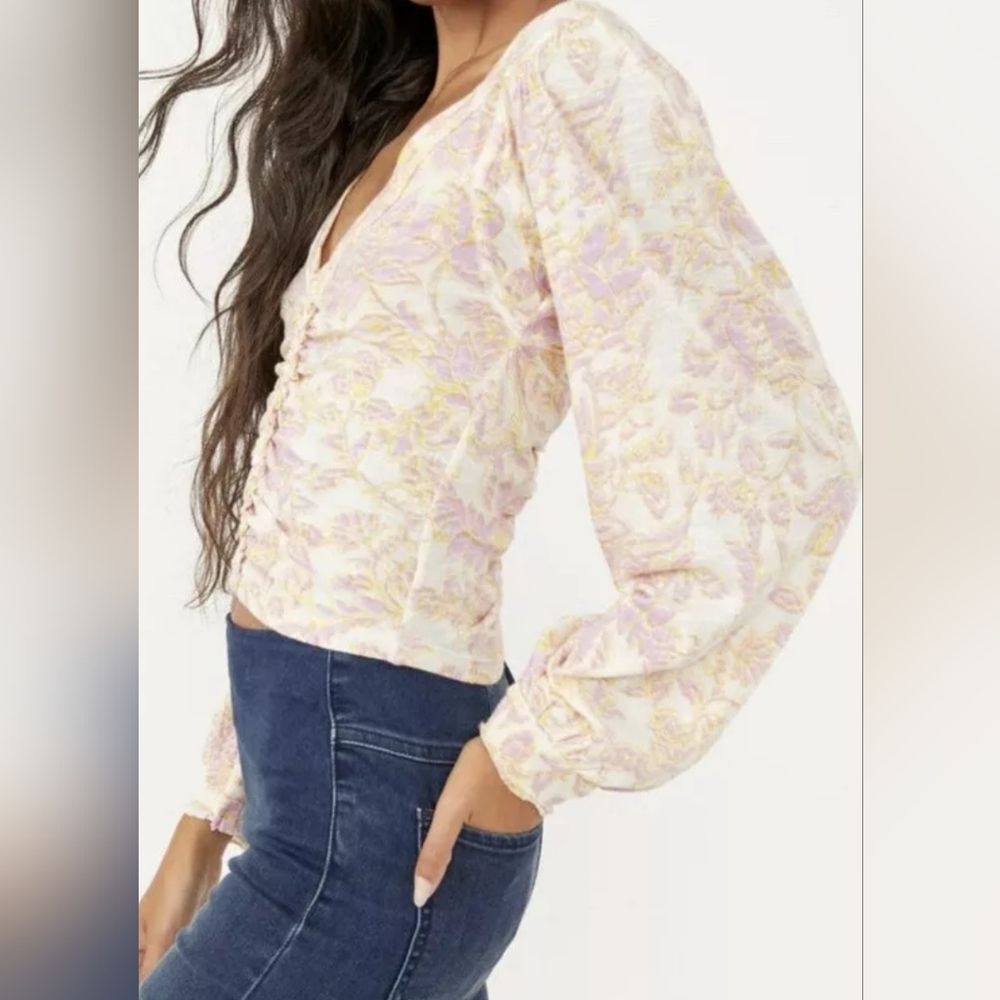 Free People Say The Word Top Blouse Womens Extra Large XL Puff Sleeves Boho Chic